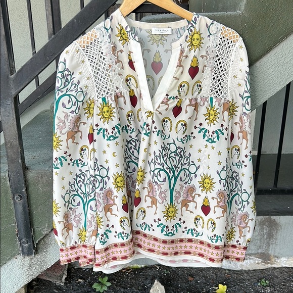Sandro Paris Azucar Print Chiffon Blouse Zodiac Celestial Bohemian Sz 3 - Picture 1 of 6